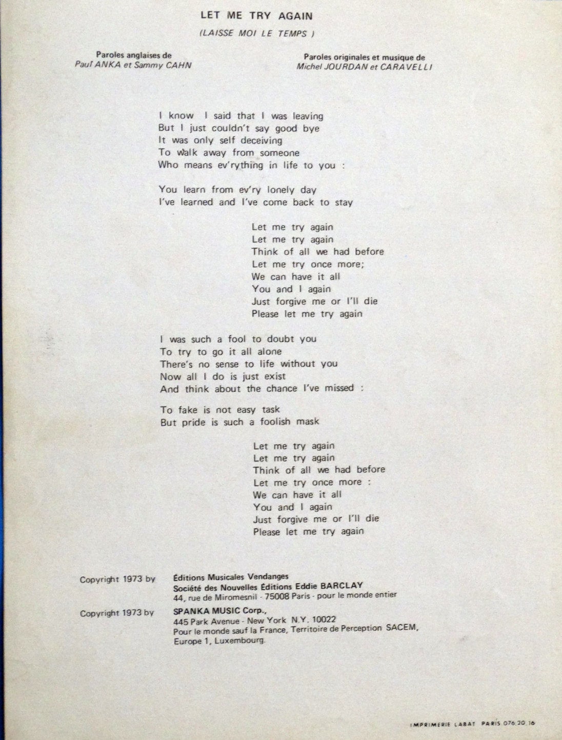 Let Me Try Again (laisse-moi Le Temps) Vintage Sheet Music Frank