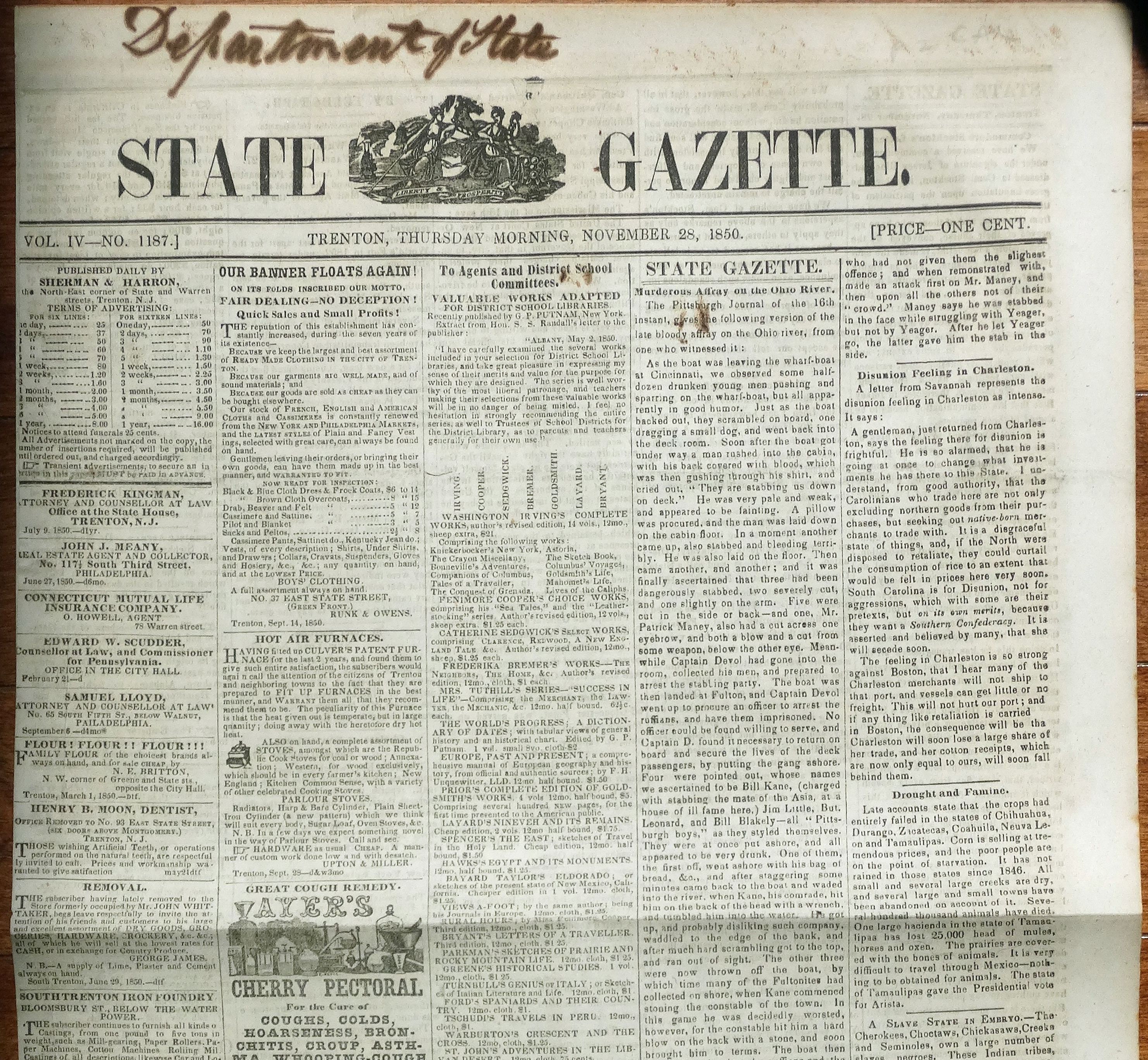 State Gazette Newspaper Trenton Thursday Morning November 28 Etsy