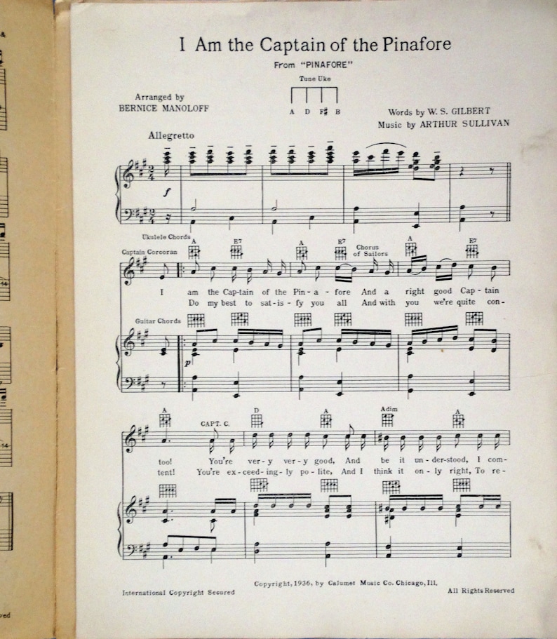 I Am the Captain of the Pinafore Vintage Sheet Music by W S Gilbert and