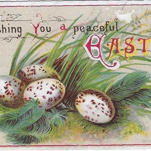 Paar Victoriaanse Easter Trade Card-monsters "Peaceful Easter" gespikkelde eieren, David C Cook, 46 Adams Street, Chicago