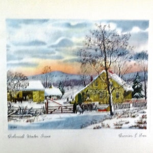 May include: A vintage illustration of a snowy winter scene with a yellow farmhouse and a barn. The sky is a pale blue with pink and orange hues. The trees are bare and covered in snow. The text "Colonial Winter Scene" is written at the bottom of the image.