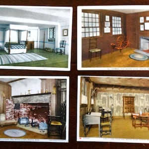 Set van vier vintage handgekleurde echte fotokaarten van het Paul Revere House in Boston, MA, ca. Nooit gebruikte ansichtkaarten uit 1909