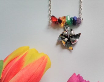 Rainbow Pinwheel Necklace - Natural Gemstone Rainbow with Tibetan Silver Pinwheel - Gemstone - Summer - Childhood - Windmill