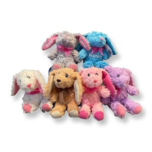 May include: Six plush bunny rabbits in different colors, including white, light brown, pink, purple, gray, and blue. Each bunny has a pink ribbon around its neck and a personalized name tag. The names on the tags are Landon, Karon, First, Easter, 2021, and 2021.