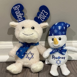 Hanukkah Personalized Name Plush Moose or Snowman Kids Toy Gift, Chanukkah Plush Stuffed Moose or Snowman Stuffed Plush Kids Gift Toy