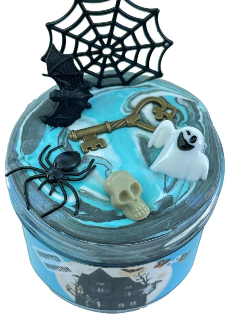 Haunted Mansion Butter Slime, Spooky Halloween Slime, Skull, Bats, Key, Ghost, Spider Blue/Gray Fall/Halloween Party Favor Gift for Kids 