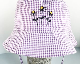 Toddler Little Girl's Embroidered Sun Bonnet Hat-Summer Sun Hat with ties-Gingham Toddler Bucket Hat