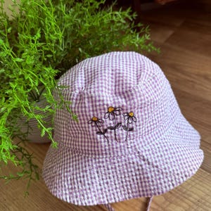 Toddler Little Girl&#39;s Embroidered Sun Bonnet Hat-Summer Sun Hat with ties-Gingham Toddler Bucket Hat