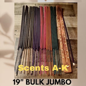 May include: A collection of 19-inch bulk jumbo incense sticks in various colors, including black, brown, purple, red, orange, and green. The sticks are arranged in rows and are labeled "Scents A-K".