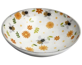 Small Aluminum round bowl with floral bee pattern. bee decoration home decor