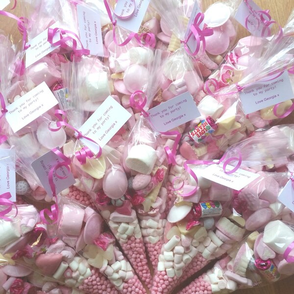 20 X pink pre-filled sweet cones party bags favours personalised christening birthday baby shower