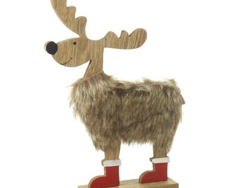 Wooden reindeer with fur body and red boots. Christmas decorations secret Santa