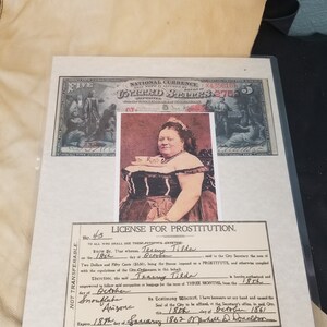 May include: A black and white historical document with the title "License for Prostitution" and text that reads "No. 43 To all who shall see these presents, Greeting: Know Be, That whereas, Teacup Tilda ... paid to the City Secretary the sum of Two Dollars and Fifty Cents ($2.50), being the fine imposed on a PROSTITUTE, and otherwise complied with the regulations of the City Ordinances in this behalf. Therefore, the said Teacup Tilda ... hereby authorized and empowered to follow said occupation or business for the term of THREE MONTHS, from the 18th day of October 18th ... In Testimony Whereof, I have hereunto set my hand and caused the Seal of the City to be affixed, at the Secretary's office, in said City, this 18th day of October 1861. Expires 18th day of January 1862 Michelle D. Donaldson"