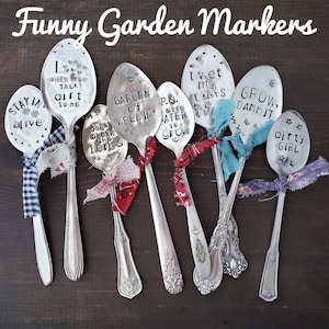 Hand Stamped Spoon Plant Markers, Funny Garden Sayings (Set of 2)