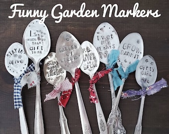 Hand Stamped Spoon Plant Markers, Funny Garden Sayings (Set of 2)