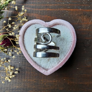 May include: A silver ring with a unique, twisted design. The ring is displayed in a pink heart-shaped box.