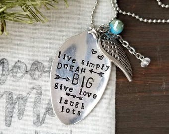 Hand Stamped Spoon Necklace, Upcycled Silverware Jewelry, Inspirational Gift