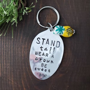 Hand Stamped Spoon Keychain, Pineapple Charm, Inspirational Gift