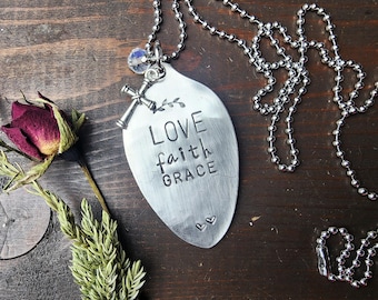 Stamped Spoon Necklace, Love Faith Grace, Upcycled Silverware Jewelry
