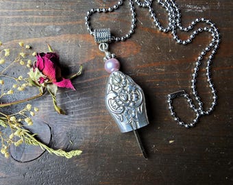 Handmade Silverware Angel Bell Pendant Necklace, Repurposed Vintage Knife