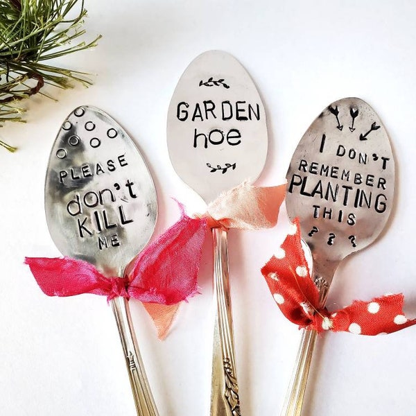 Plant Markers, Stamped Spoons, Funny Garden Gifts, Garden Hoe, Funny Garden Gift, Stamped Spoon Marker, Garden Gift Set, Plant Addict