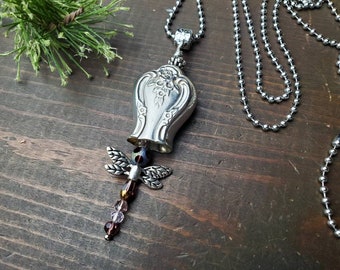 Upcycled Silverware Dragonfly Pendant Necklace, Handmade Boho Jewelry