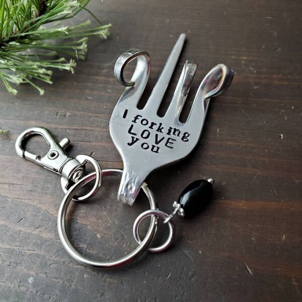 Fork Key Chain, Valentine's Day, Stamped, I Love You Gift, Funny Gift, Funny Key Chain, Gifts Under 20, Handmade Gift