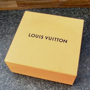 Può includere: Una scatola quadrata arancione chiaro con la scritta "LOUIS VUITTON" stampata in nero sulla parte superiore. La scatola è appoggiata su una superficie scura. La scatola è probabilmente per un articolo di lusso.