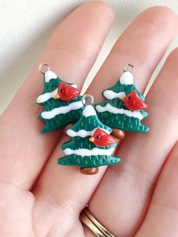 Cardinal Pine Tree Charm, Polymer Clay Charm, Knitting Charm, Progress Keeper, Stitch Marker