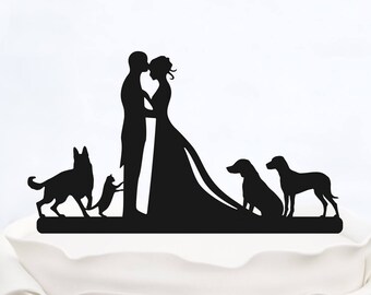 Wedding Cake Topper With three Dogs and Cat_Bride And Groom Cake Topper_cake topper Silhouette__Custom Cake Topper_funny cake topper
