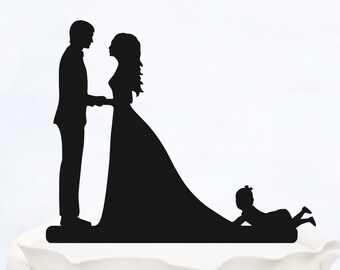 Family Cake Topper_Wedding Cake Topper Bride & Groom holding baby girl_Custom Topper silhouette with with little girl_Topper with daughter