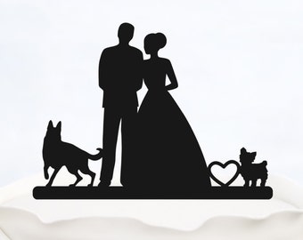 Bride And Groom Cake Topper With two Dogs_Wedding Cake Topper_Couple Silhouette__Custom Cake Topper_heart Cake Topper_rustic cake topper