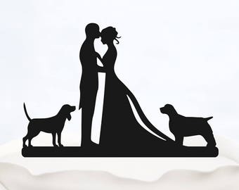 Surname Cake Topper/_Bride /& Groom with last name/_Custom wedding Cake Topper silhouette with Surname/_Cake Topper with two dogs/_Custom Topper