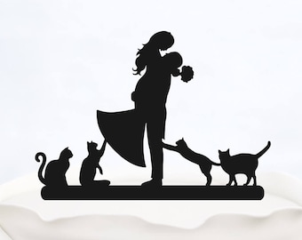 Wedding Cake Topper With four Cats_Bride And Groom Cake Topper_cake topper Silhouette_Personalized Cake Topper_rustic and funny cake topper