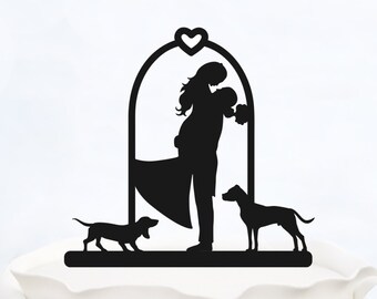 Wedding Cake Topper with heart_Couple Silhouette_Bride And Groom Cake Topper With two Dogs_Custom Cake Topper_Funny Cake Topper