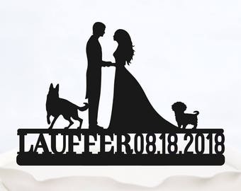 Surname Cake Topper/_Bride /& Groom with last name/_Custom wedding Cake Topper silhouette with Surname/_Cake Topper with two dogs/_Custom Topper