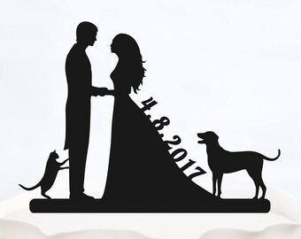 Wedding Custom Cake Topper with date_Wedding Cake Topper Bride & Groom whit two dogs_Personalized Cake Topper Couple silhouette