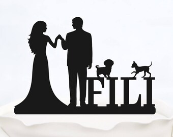 Surname Cake Topper/_Bride /& Groom with last name/_Custom wedding Cake Topper silhouette with Surname/_Cake Topper with two dogs/_Custom Topper
