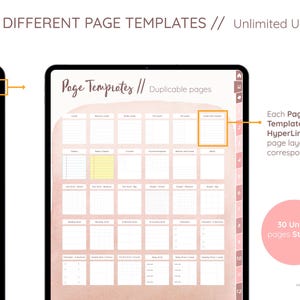May include: Digital planner with 30 different page templates, including lined, grid, and checklist layouts. The text "30 DIFFERENT PAGE TEMPLATES // Unlimited Use" is displayed at the top. The planner is pink and white with a digital design.