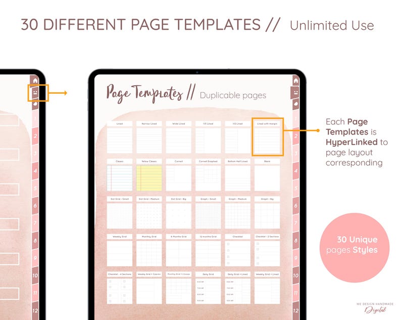 May include: Digital planner with 30 different page templates, including lined, grid, and checklist layouts. The text "30 DIFFERENT PAGE TEMPLATES // Unlimited Use" is displayed at the top. The planner is pink and white with a digital design.