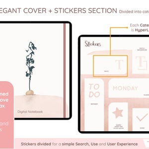 May include: Digital notebook with a minimalist design. The cover features a botanical illustration and the text "Digital Notebook." The stickers section is divided into categories, with text and background options. The text "Stickers" is visible.