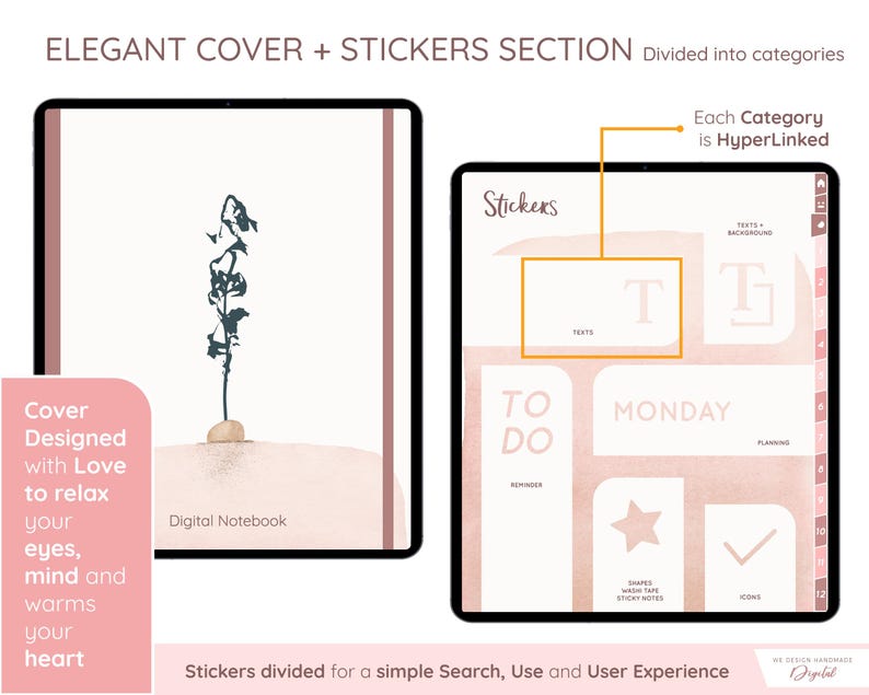 May include: Digital notebook with a minimalist design. The cover features a botanical illustration and the text "Digital Notebook." The stickers section is divided into categories, with text and background options. The text "Stickers" is visible.