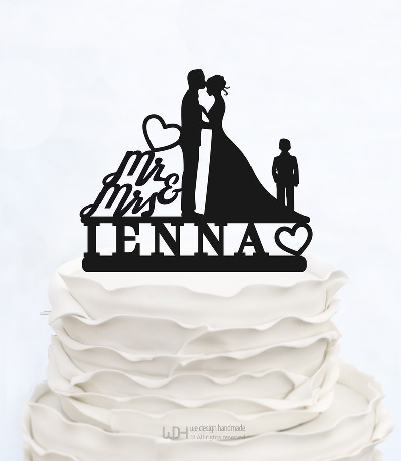 Family Cake Topper/_Bride /& Groom with little boy/_Custom wedding Cake Topper silhouette with last name and children/_Mr and Mrs topper