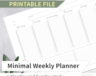 Weekly Planner Printable A4 A3 – Minimal Weekly Schedule, Monday/Sunday start, elegant printable planner, instant download