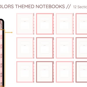 May include: A digital notebook with 12 sections, each with a pink border and a white interior. The notebook's title is "COLORS THEMED NOTEBOOKS // 12 Section". The notebook is designed for digital use and features a color-coded tab system.