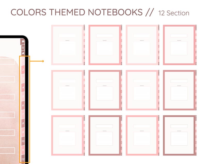 May include: A digital notebook with 12 sections, each with a pink border and a white interior. The notebook's title is "COLORS THEMED NOTEBOOKS // 12 Section". The notebook is designed for digital use and features a color-coded tab system.