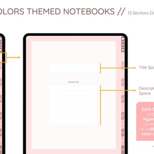 May include: Digital notebook with a pink theme. The notebook has 12 sections with dividers. The title and description spaces are highlighted. The text "COLORS THEMED NOTEBOOKS // 12 Sections Dividers" is at the top.