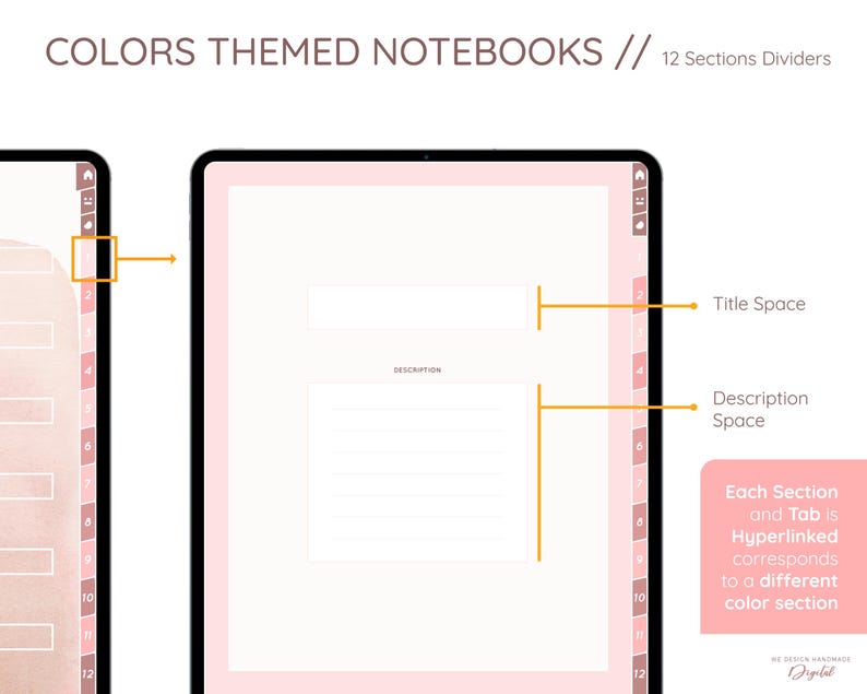 May include: Digital notebook with a pink theme. The notebook has 12 sections with dividers. The title and description spaces are highlighted. The text "COLORS THEMED NOTEBOOKS // 12 Sections Dividers" is at the top.