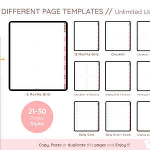 May include: Digital planner templates with various layouts, including grids, checklists, and daily pages. The image displays a tablet with different page styles, and the text reads "30 Different Page Templates // Unlimited Use."