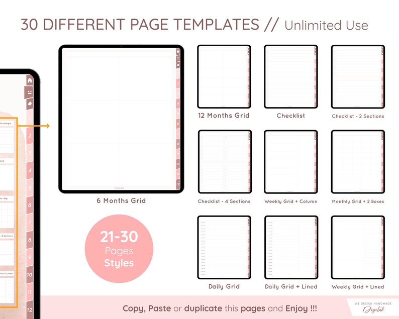 May include: Digital planner templates with various layouts, including grids, checklists, and daily pages. The image displays a tablet with different page styles, and the text reads "30 Different Page Templates // Unlimited Use."
